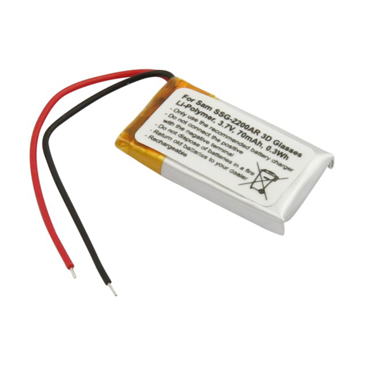 Una batteria Li-Polymer da 3,7V 70mAh per occhiali 3D con fili rosso e nero.