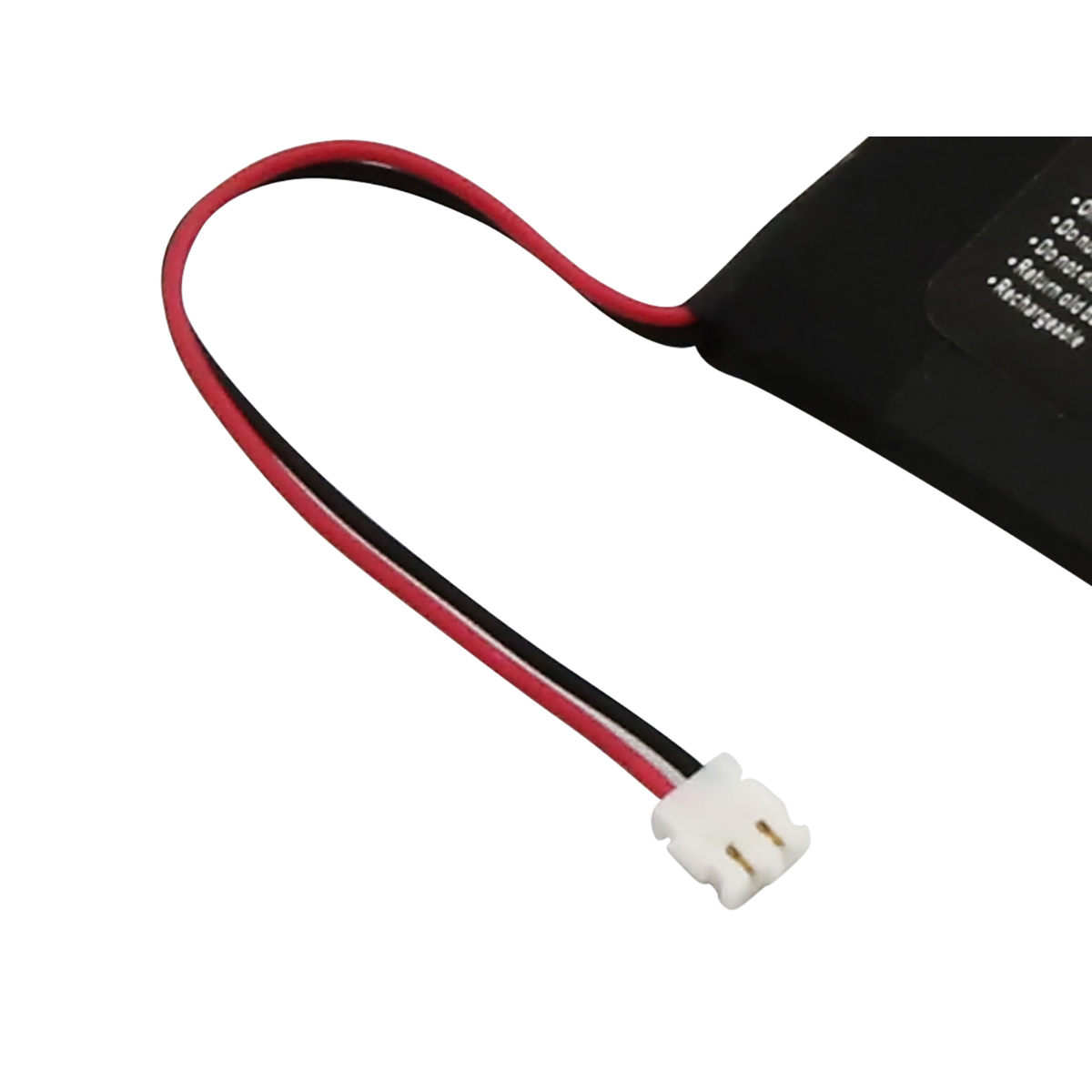 Una batería negra con un cable y conector rojo, negro y blanco.