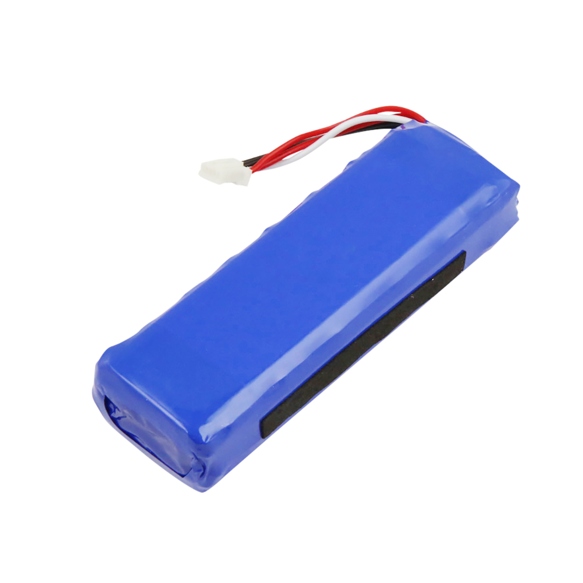 Un pacco batteria blu con fili rosso, bianco e nero e un connettore bianco.