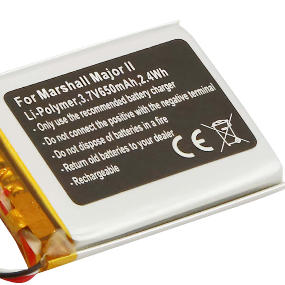 Una batería Li-Polymer Marshall Major II, 3,7V 650mAh. Con marca CE.
