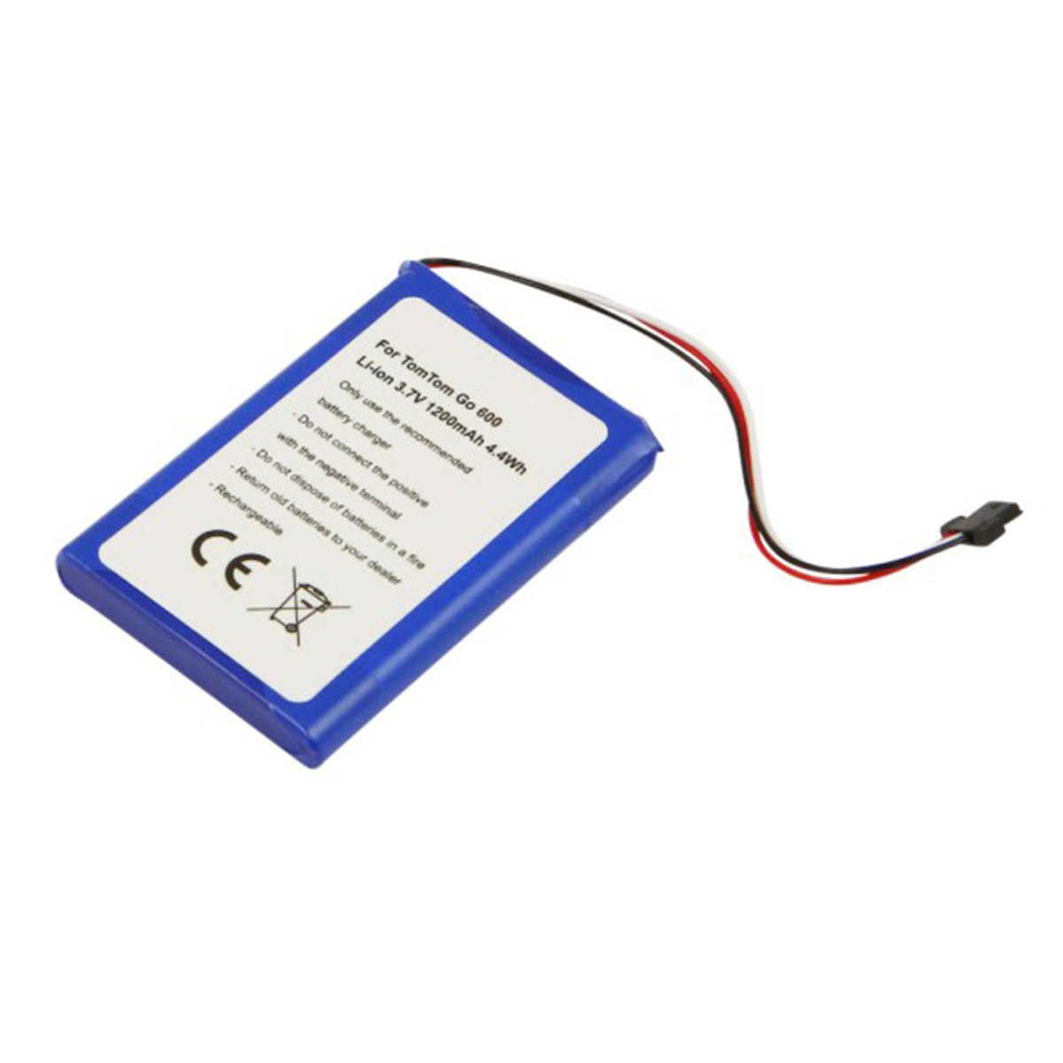 Batteria blu TomTom Go 600, 3,7V 1200mAh, con fili e connettore.