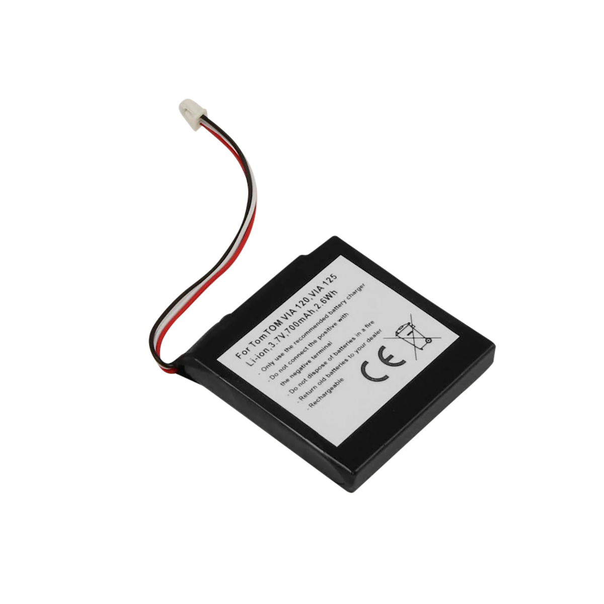 Batteria nera TomTom VIA 120 (3,7V, 700mAh) con cavo rosso, bianco e nero.