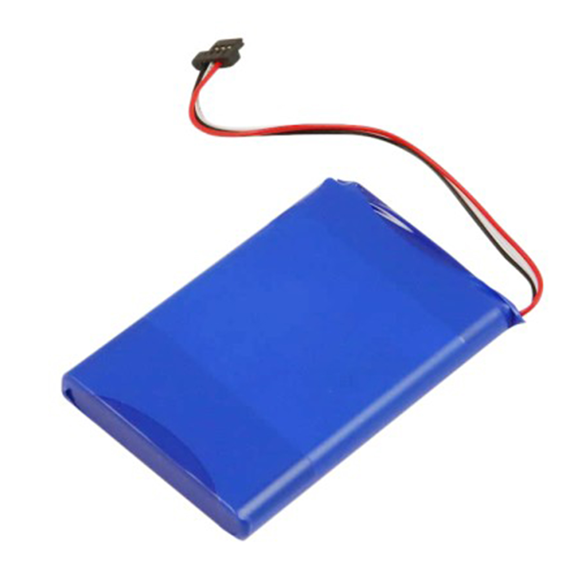 Batteria blu con cavi e connettore, su sfondo bianco.