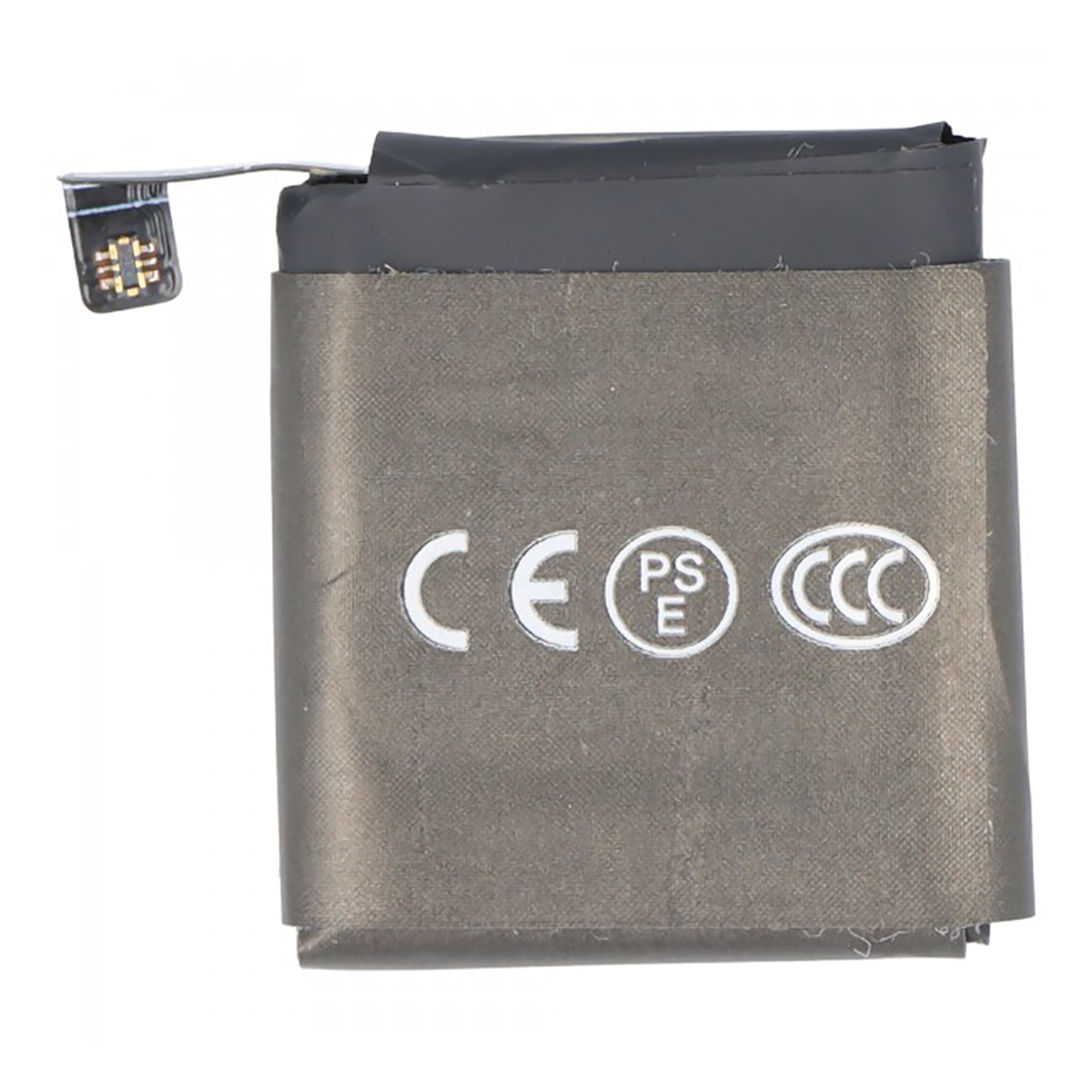 Batteria grigia con sigilli CE, PS-E e CCC e cavo piatto.