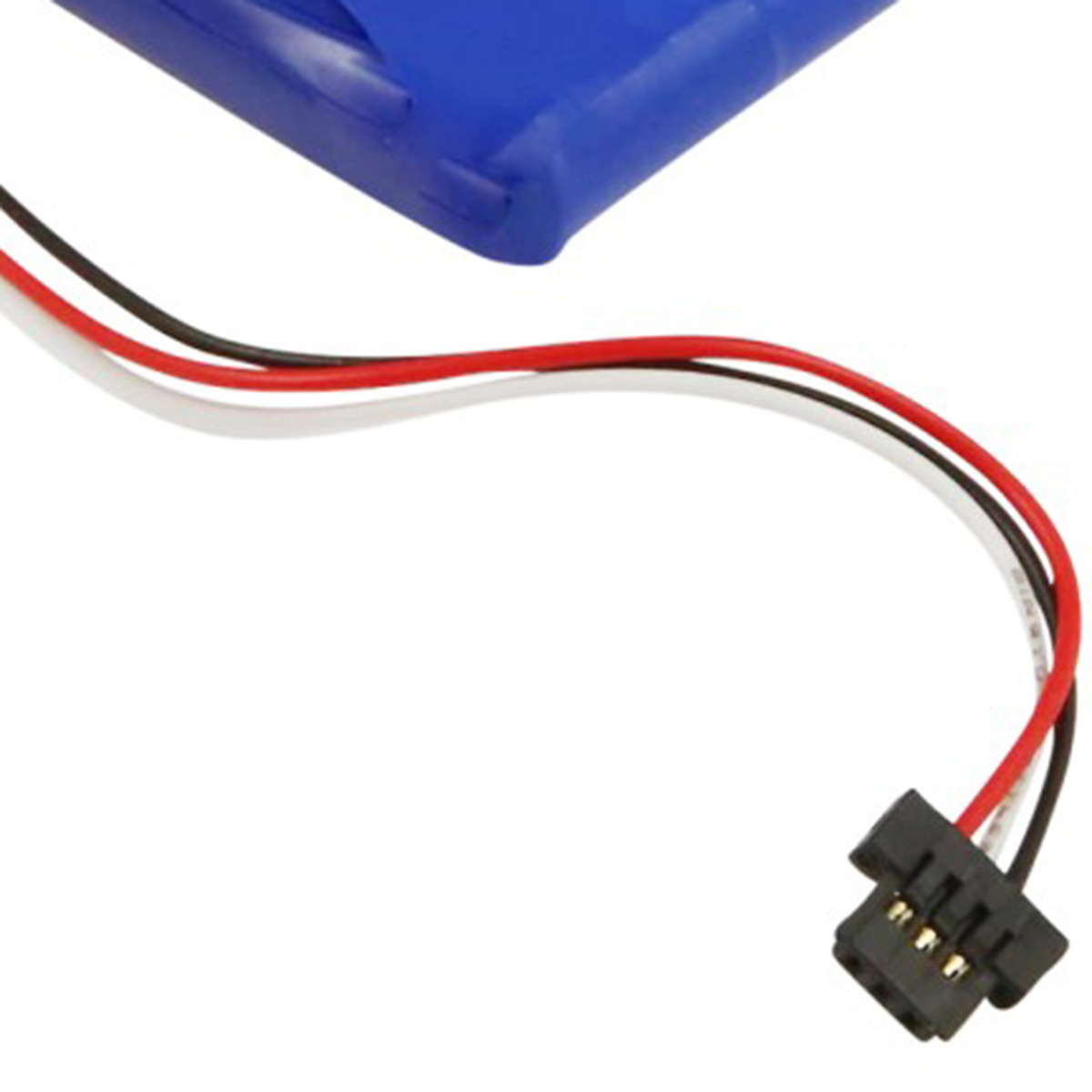 Una batteria blu con tre cavi (rosso, nero, bianco) e un connettore.