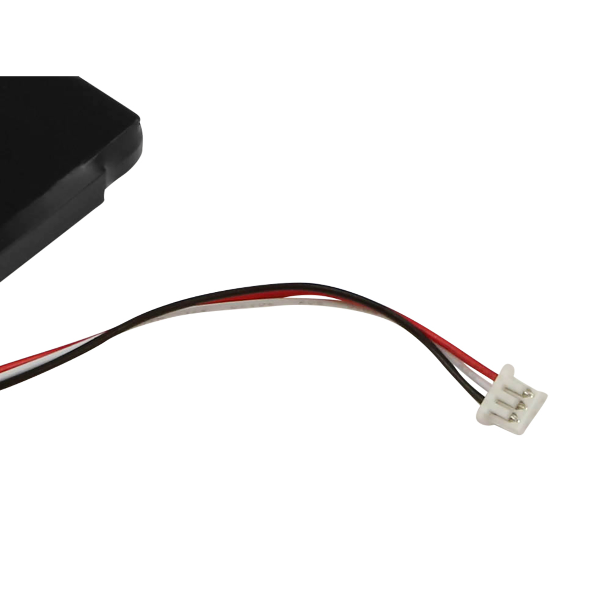 Batteria nera con tre cavi (rosso, nero, bianco) e un connettore bianco.