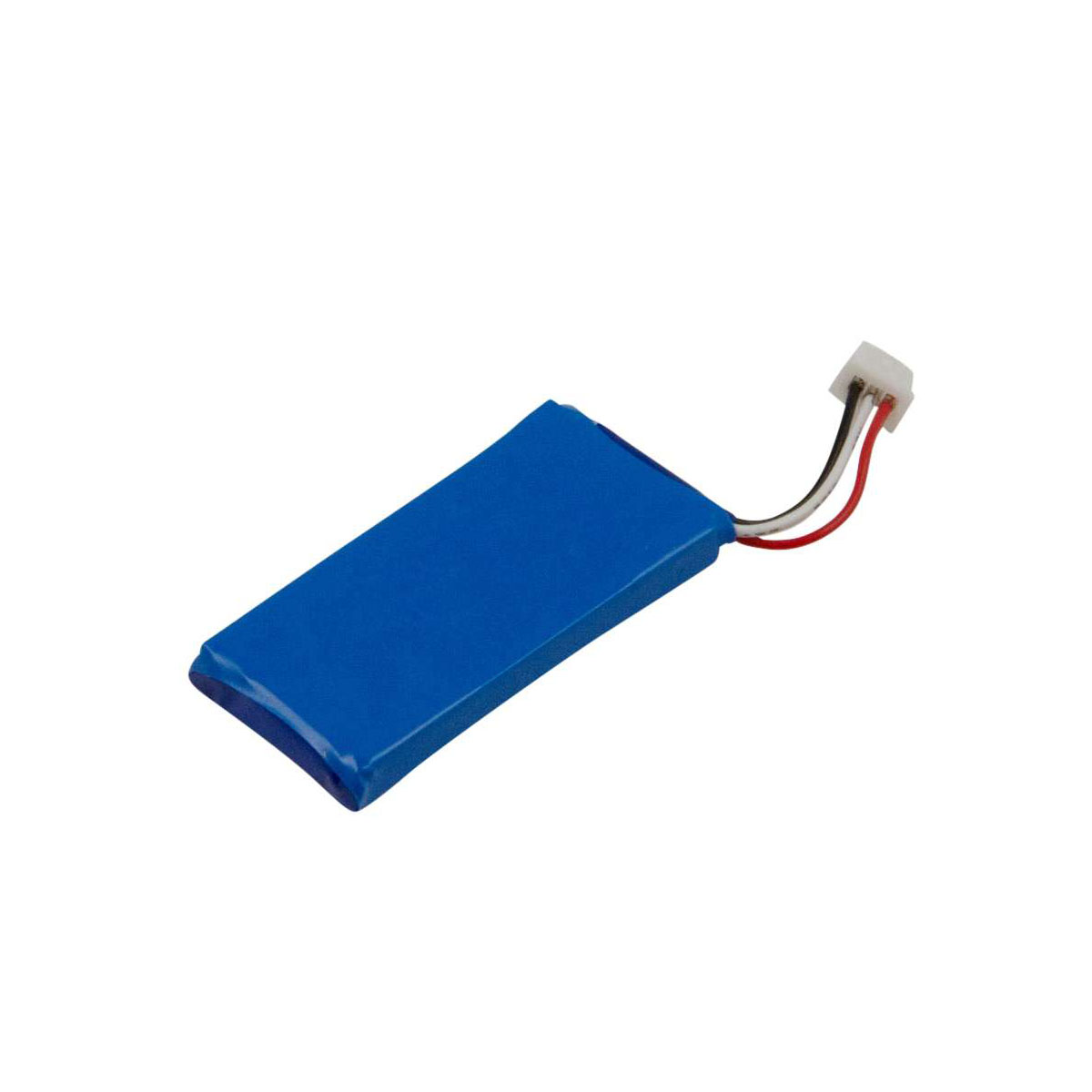 Un pacco batteria blu con connettore bianco e fili rosso e nero.