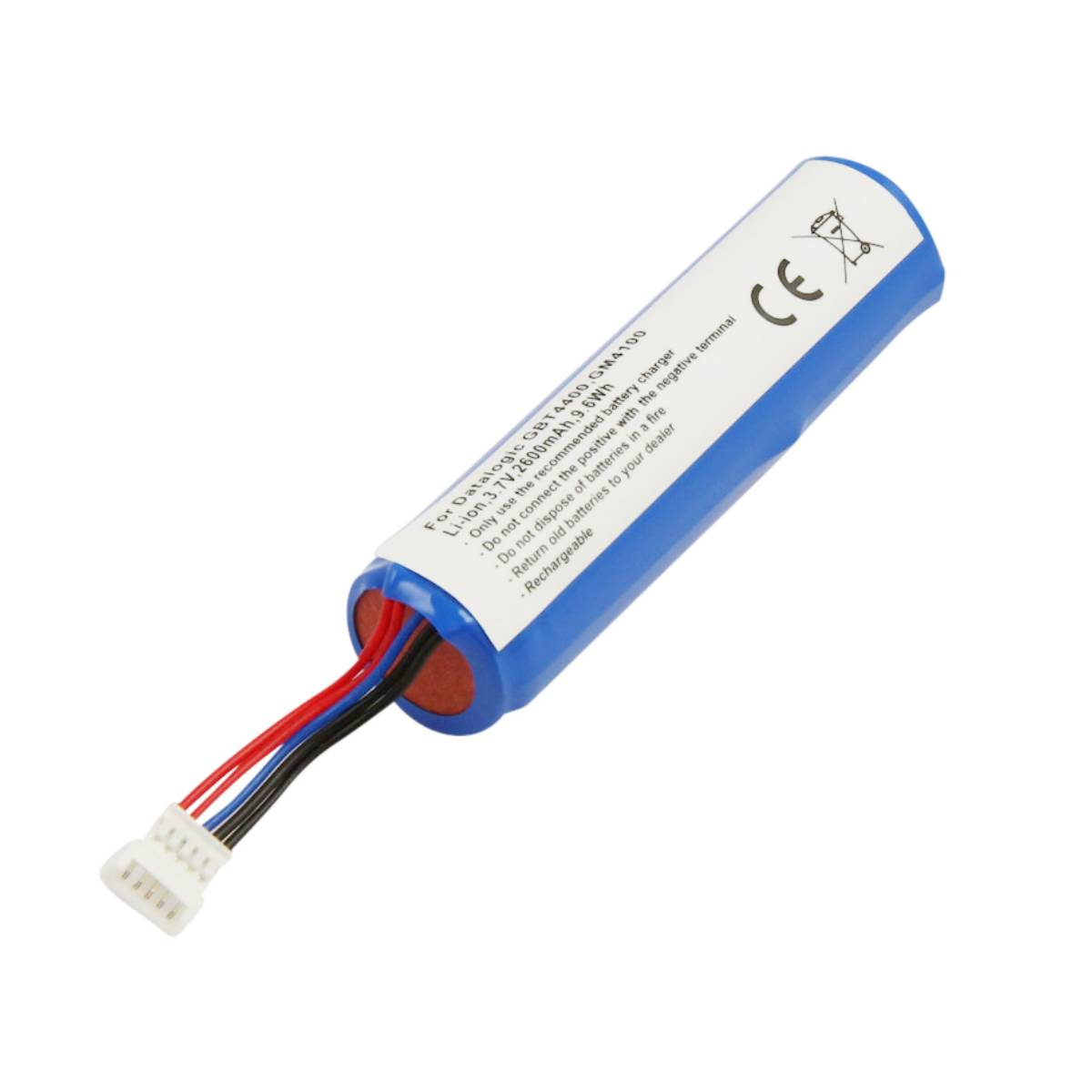 Batteria blu Li-ion 3.7V 2600mAh con cavi e marchio CE.
