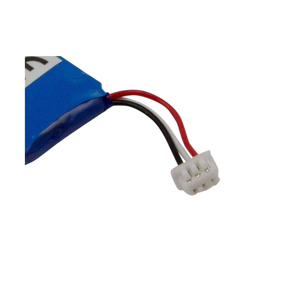 Una batteria blu con tre cavi: rosso, nero e bianco, che portano a un connettore bianco.