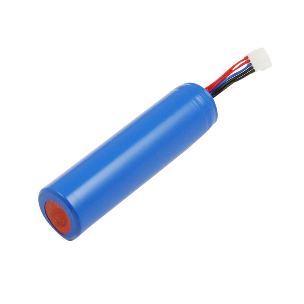 Un pacco batteria blu con fili rosso, blu e nero e connettore bianco.