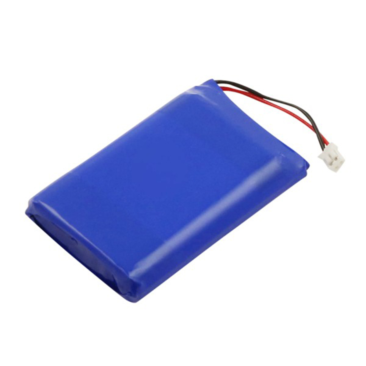 Un pacco batteria blu con fili rosso e nero e connettore bianco.
