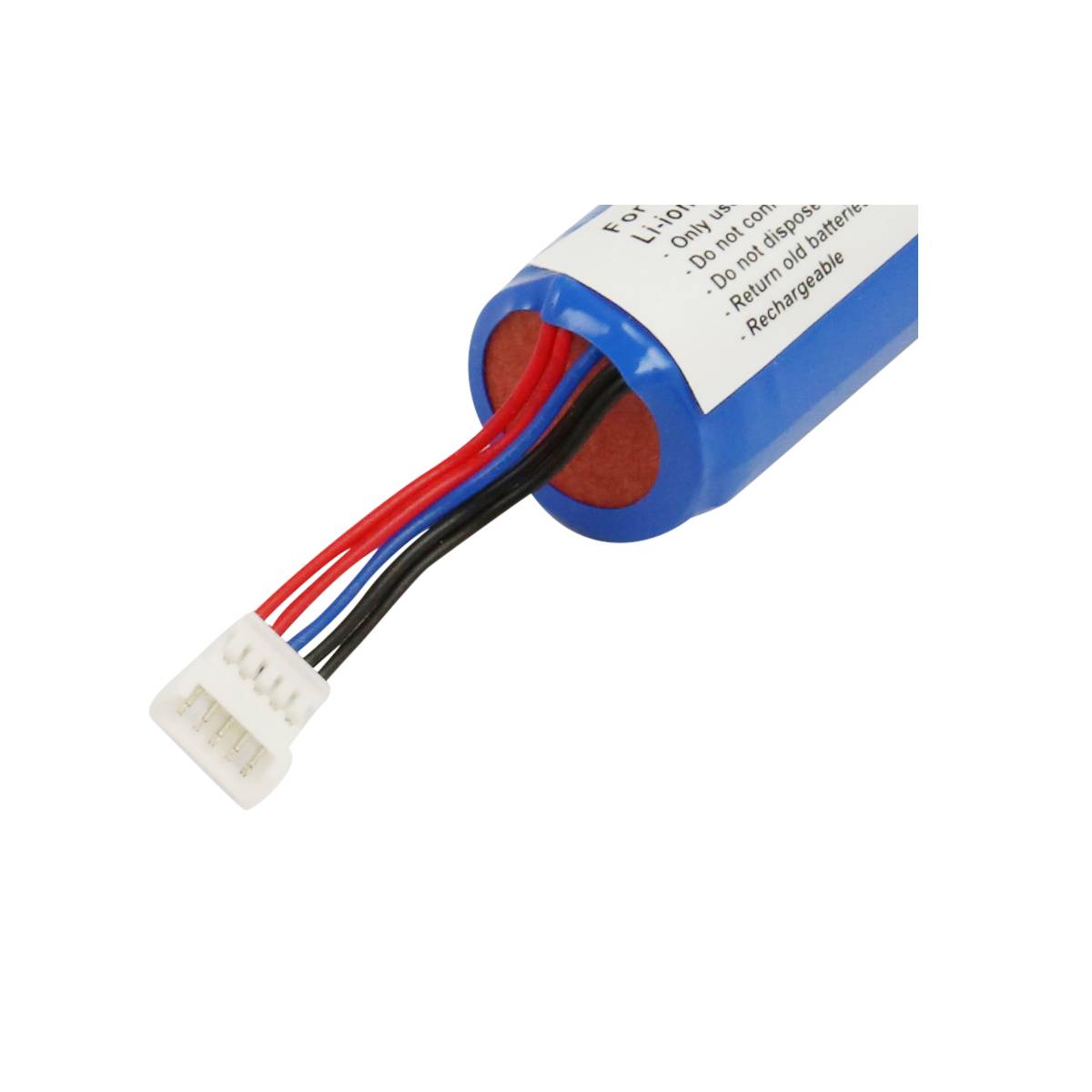 Batteria ricaricabile Li-ion blu con fili rosso, blu e nero e connettore bianco.