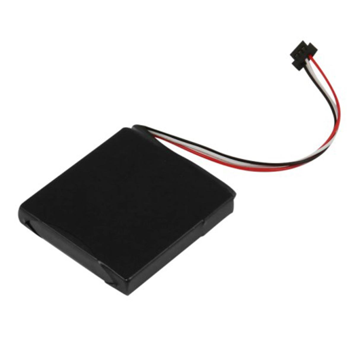 Una batteria nera piatta e rettangolare con tre fili.
