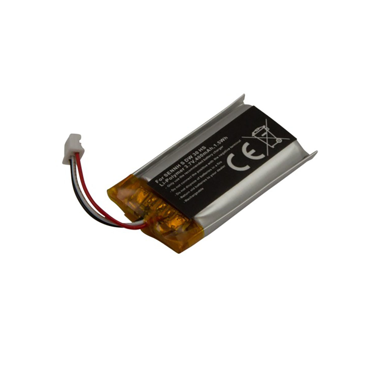 Una batteria Li-Polimero con cavi e marchio CE su sfondo bianco.