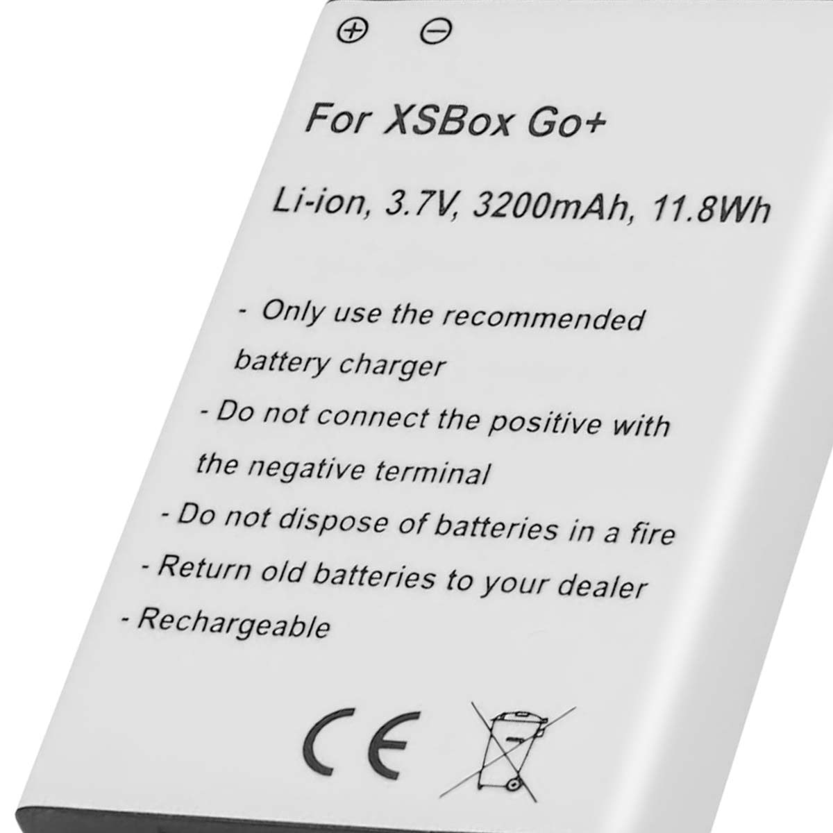Batteria per XSBox Go+. Li-ion, 3,7V, 3200mAh. Testo di avviso stampato.