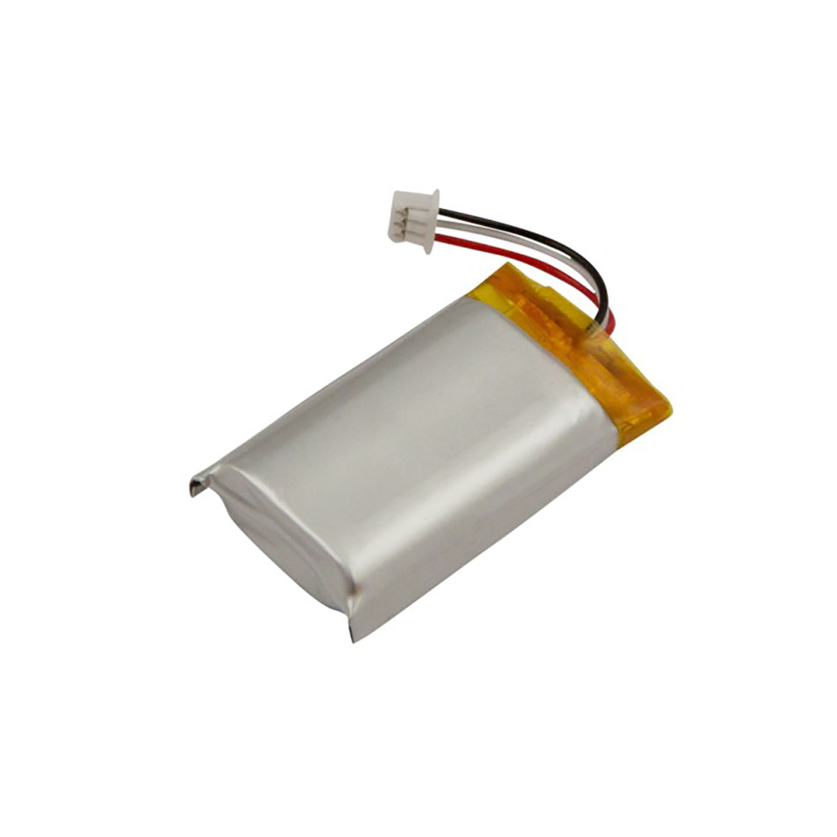 Una piccola batteria rettangolare con foglio argentato, nastro giallo e tre fili.