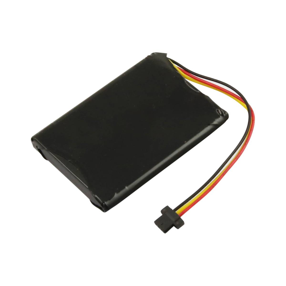 Batteria nera con tre fili (nero, rosso, giallo) e un connettore.