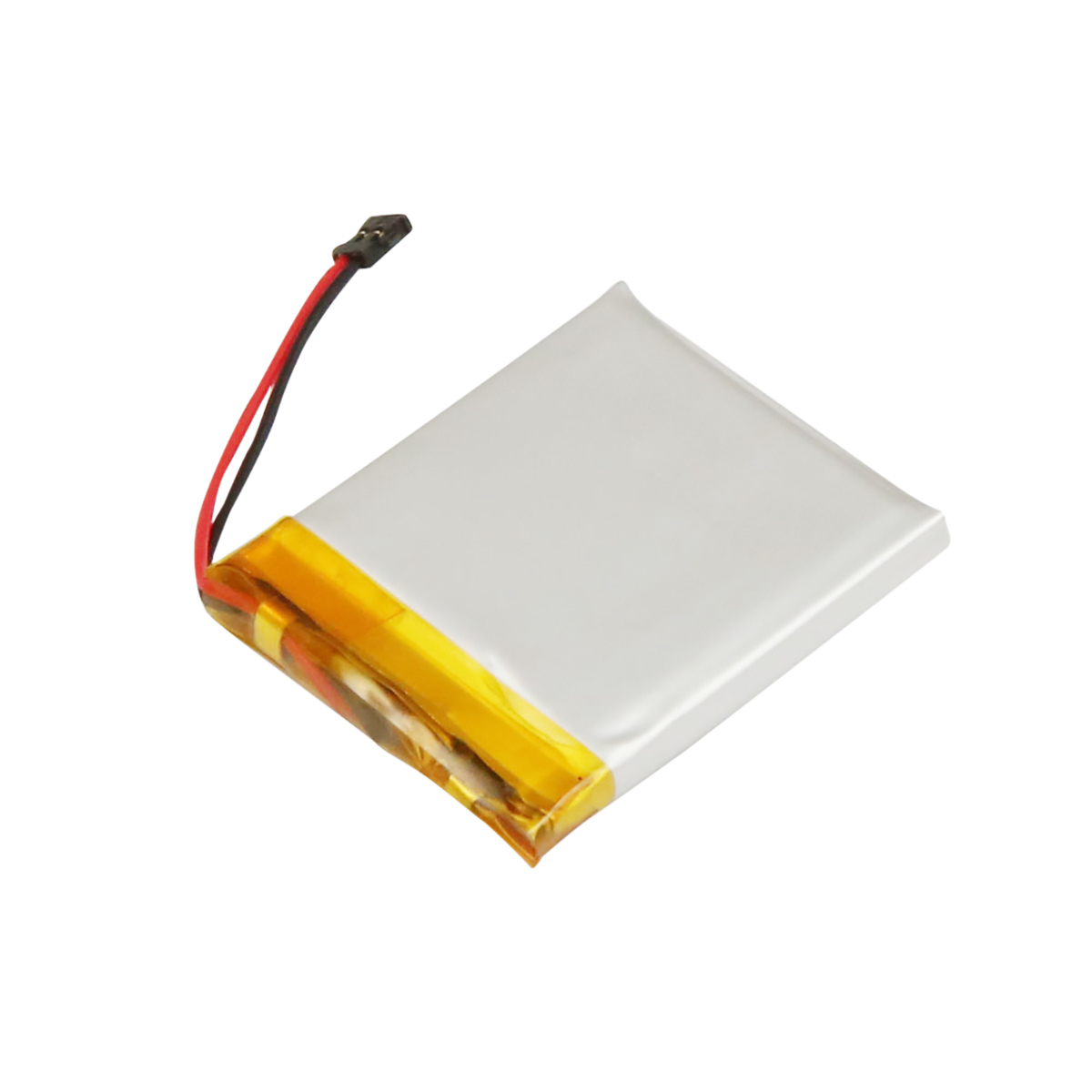 Una batteria rettangolare con nastro giallo e fili nero/rosso.