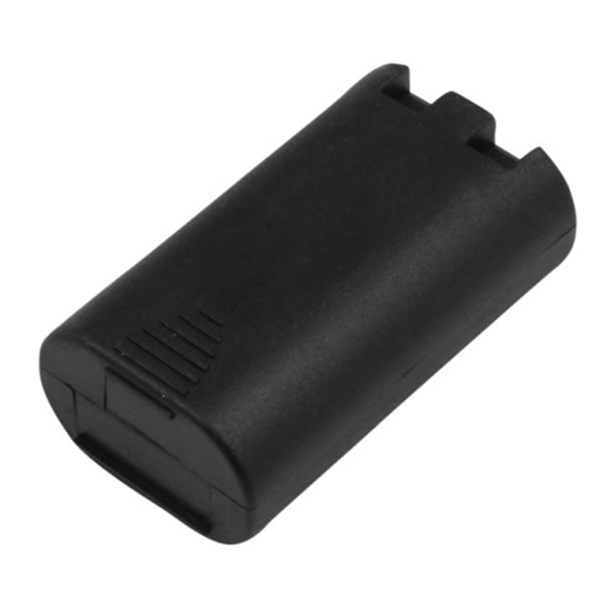 Batteria nera con scanalature su un'estremità e tacche sull'altra.