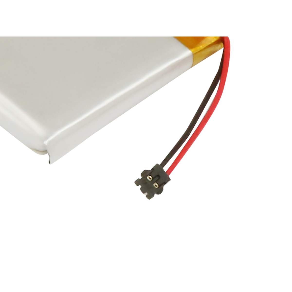 Una batteria sottile con fili rosso e nero e un connettore.