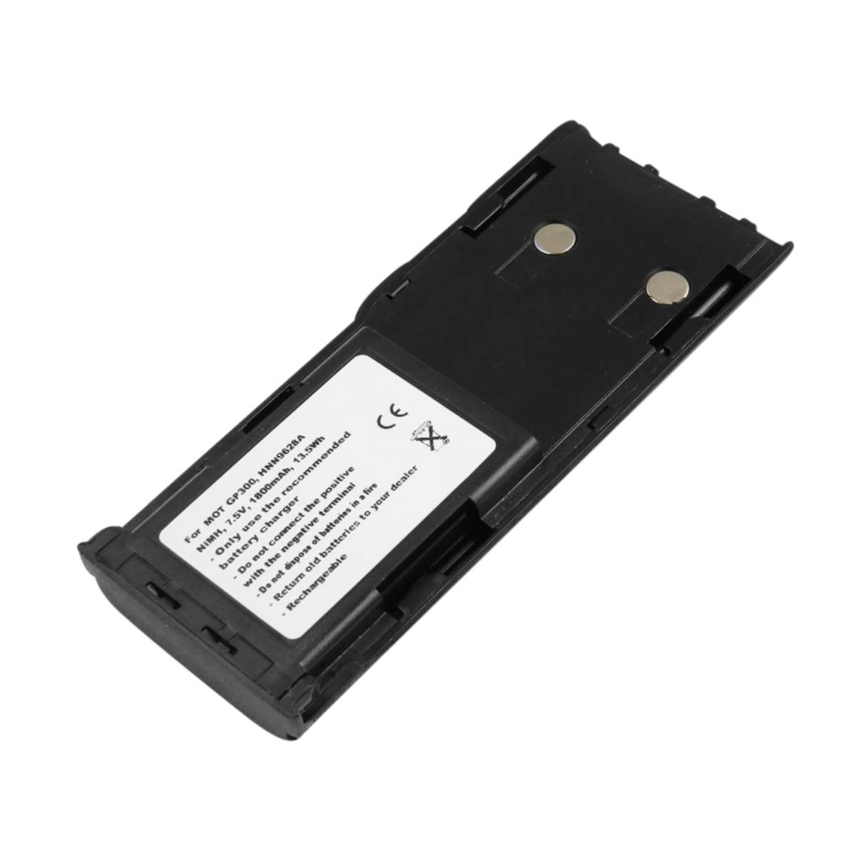 Un pacco batteria ricaricabile nero per radio, con marchio CE e icona di avvertimento.