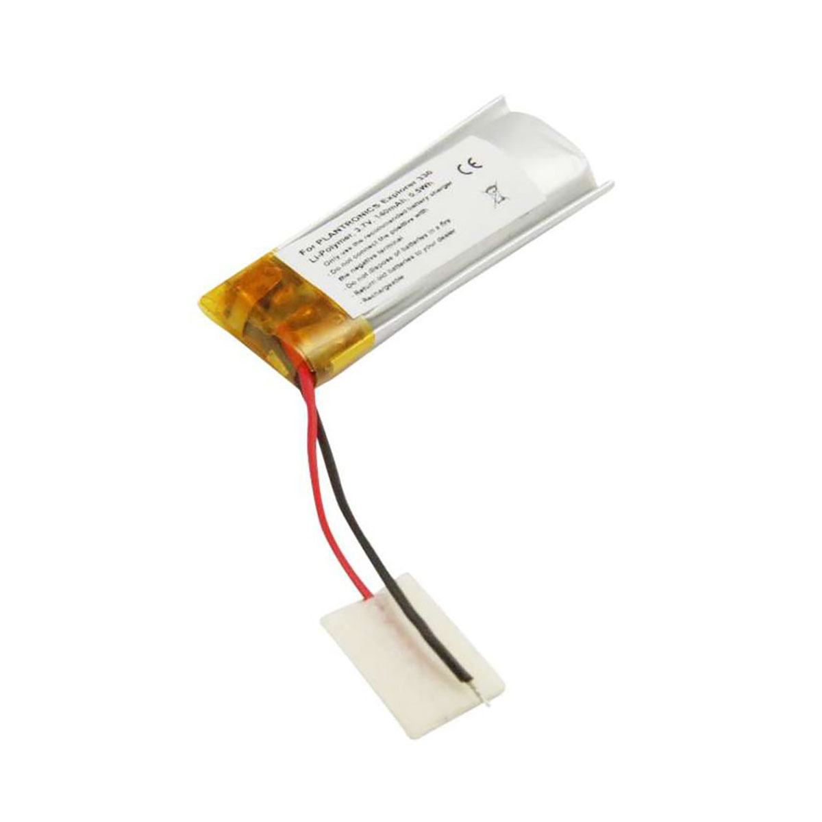 Una piccola batteria Li-Polymer per Plantronics, con fili rosso e nero.