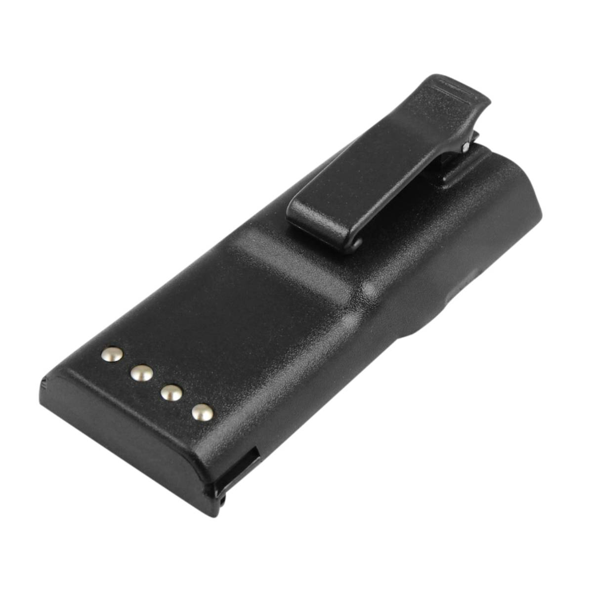 Batteria nera con clip e quattro contatti di ricarica.