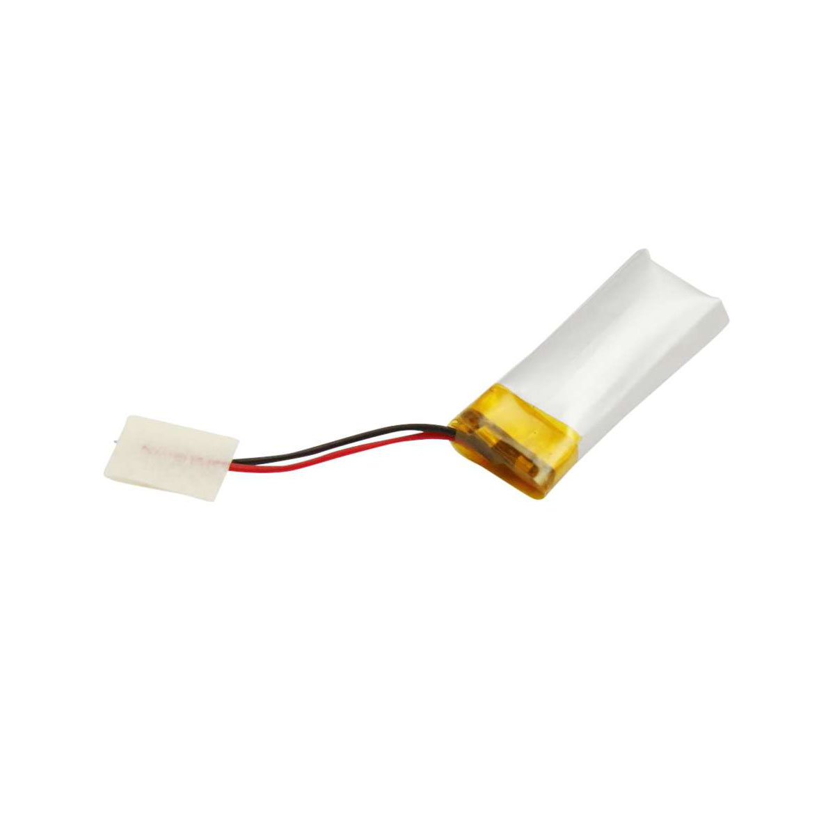 Una piccola batteria ai polimeri di litio con cavi rosso e nero.