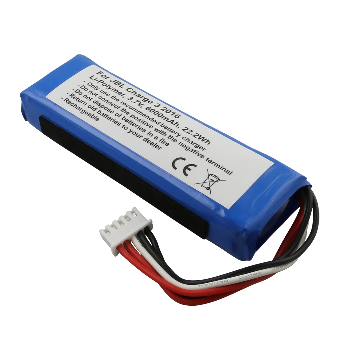 Una batteria blu JBL Charge 3 2016 Li-Polymer con cavo e connettore.