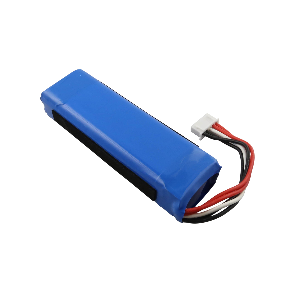 Pacco batteria blu con fili nero e rosso e connettore bianco.