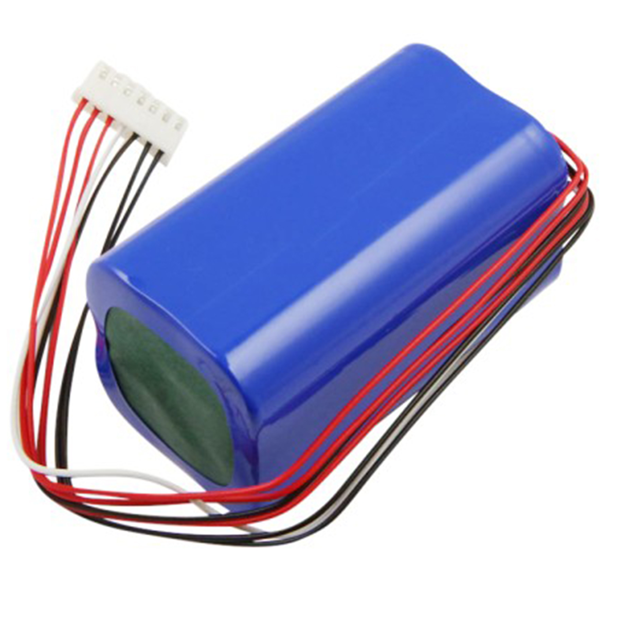 Pacco batteria blu con cavi e connettore bianco su sfondo bianco.