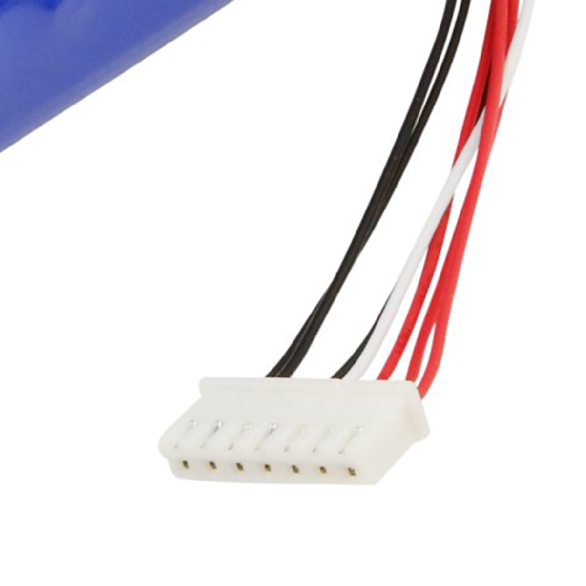 Pacco batteria blu con connettore bianco e cavi rosso, bianco, nero.