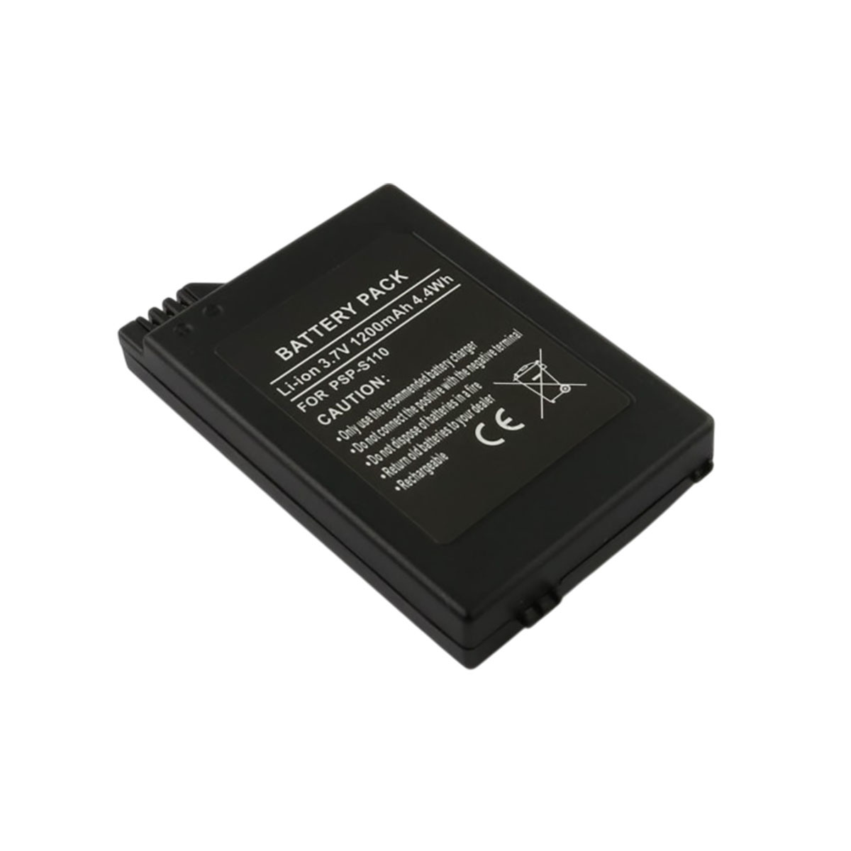 Batería negra para PSP-S110, 3,7V, 1200mAh, con etiquetas de precaución.