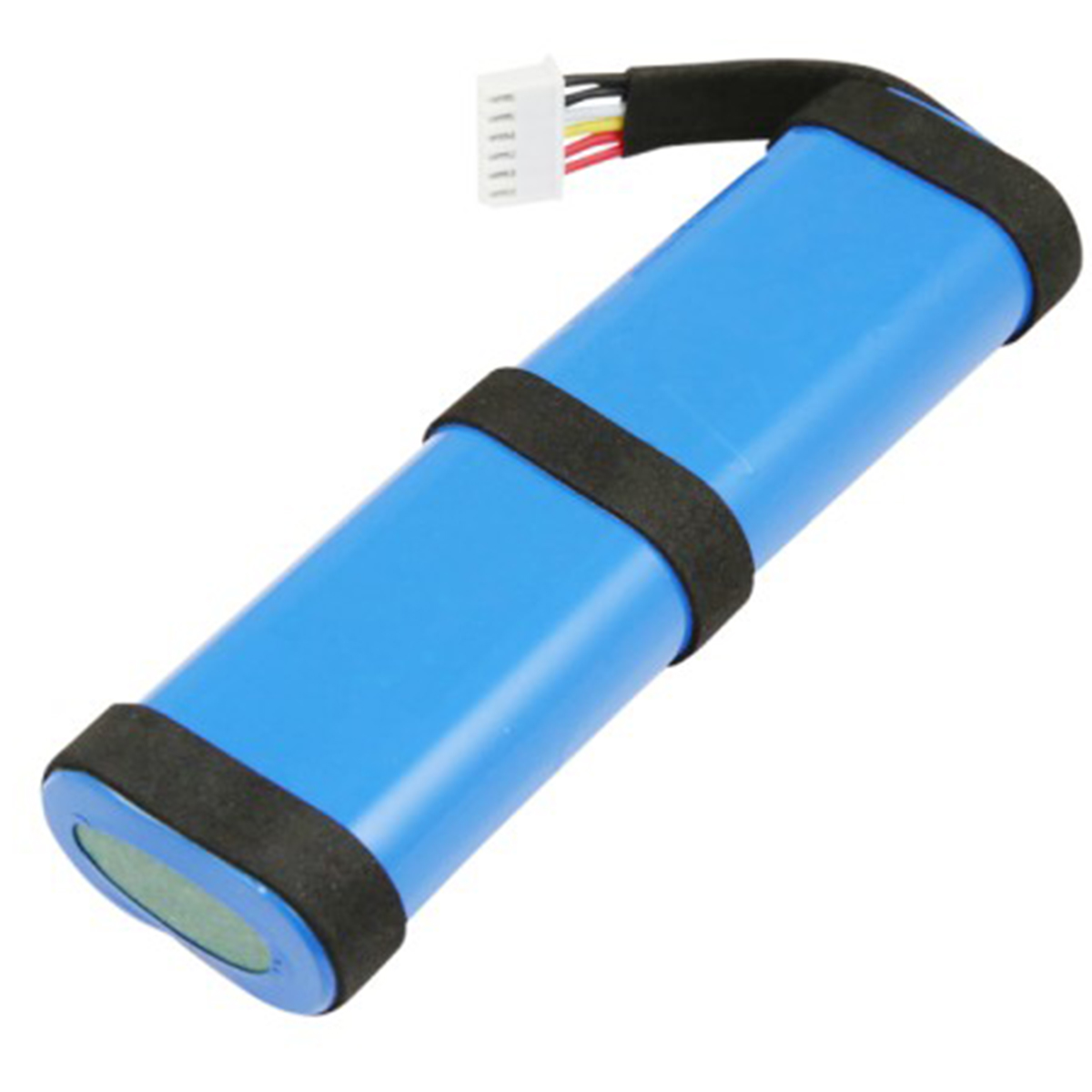 Un pacco batteria cilindrico blu con cavi e connettore.