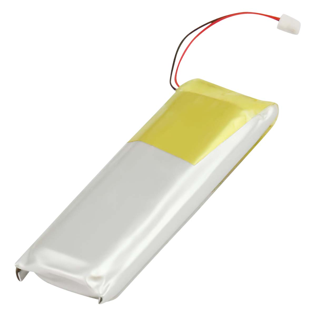 Una batteria piatta ai polimeri di litio con custodia gialla e bianca e fili.