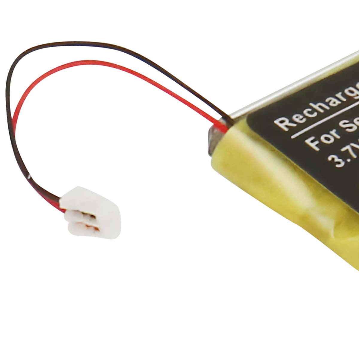 Una piccola batteria gialla con fili rosso e nero e un connettore bianco.