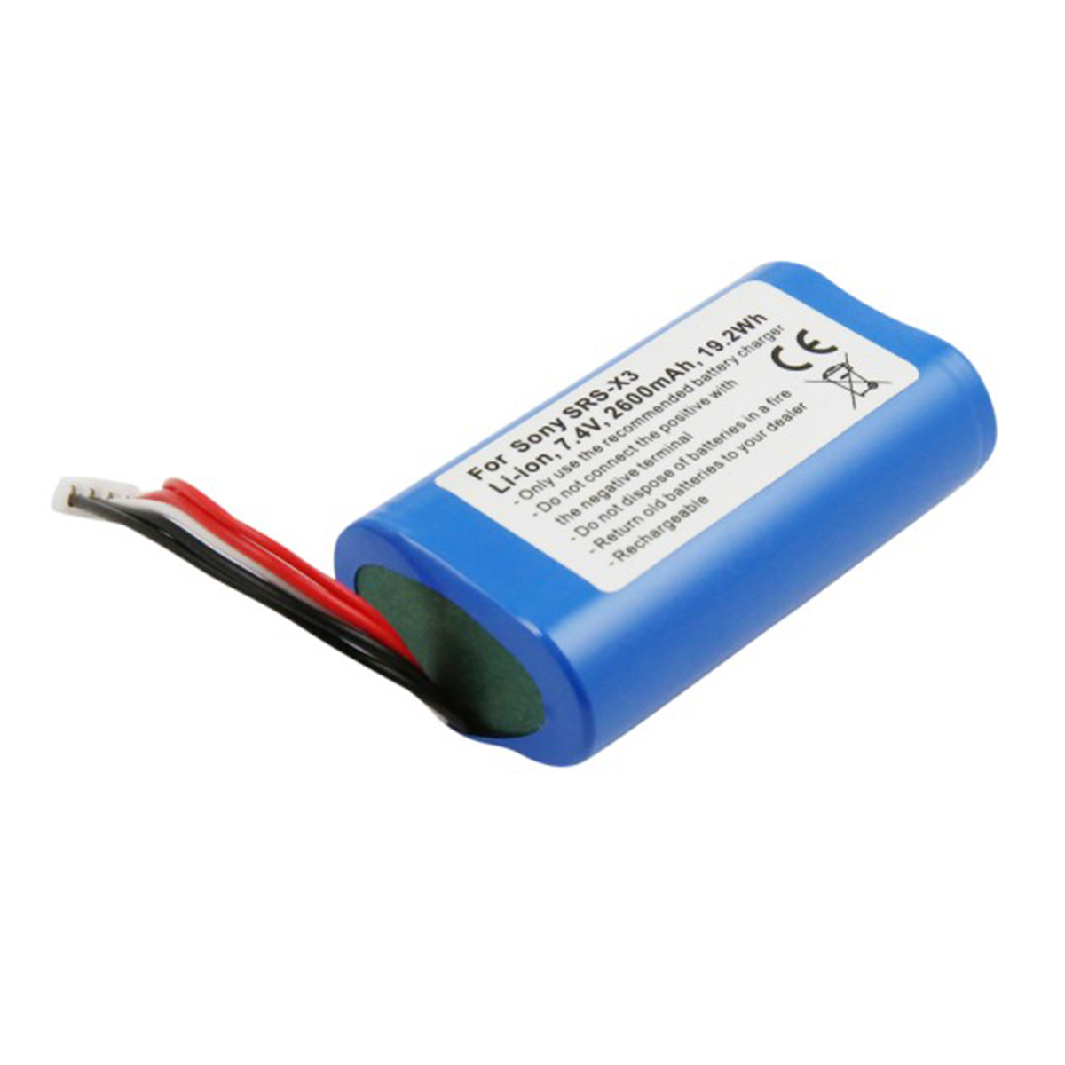 Batteria Li-ion blu per Sony SRS-X3 con cavi e avvertenze.