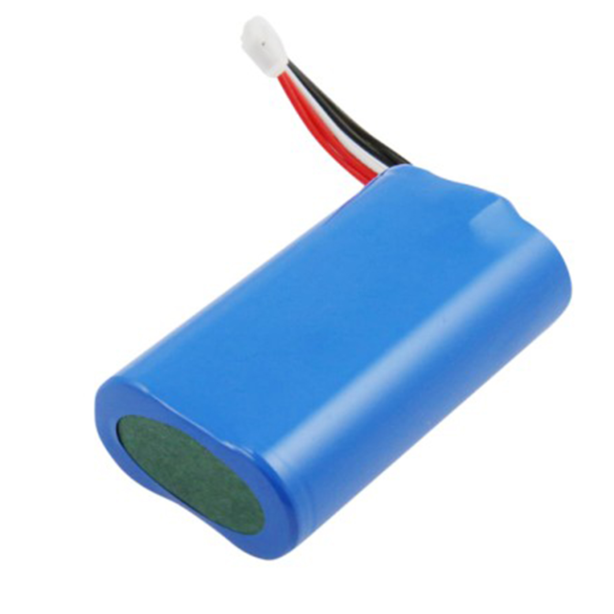 Una batteria blu con tre fili e un connettore bianco.