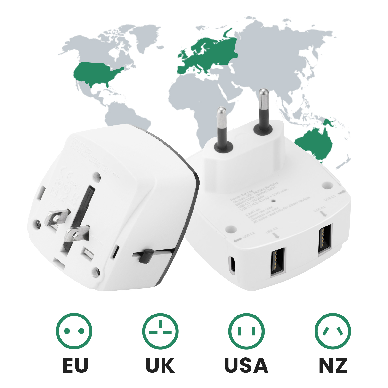 Adaptador de viaje con puertos USB y mapa mundial destacando UE, Reino Unido, EE. UU. y NZ.