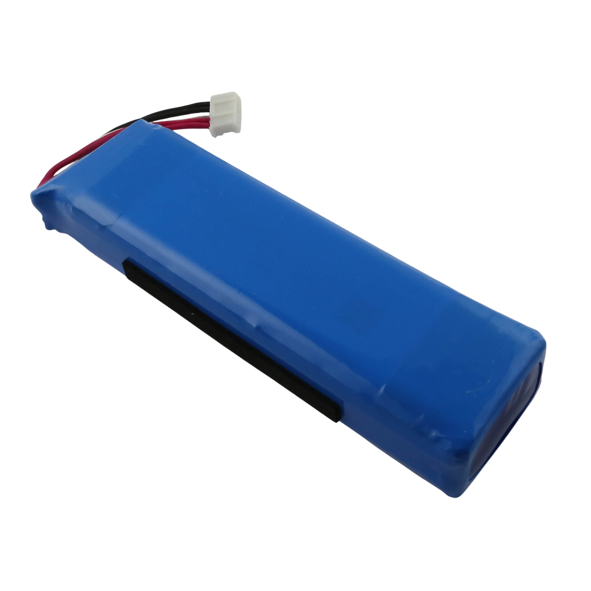 Un pacco batteria blu con cavi e connettore bianco su sfondo bianco.
