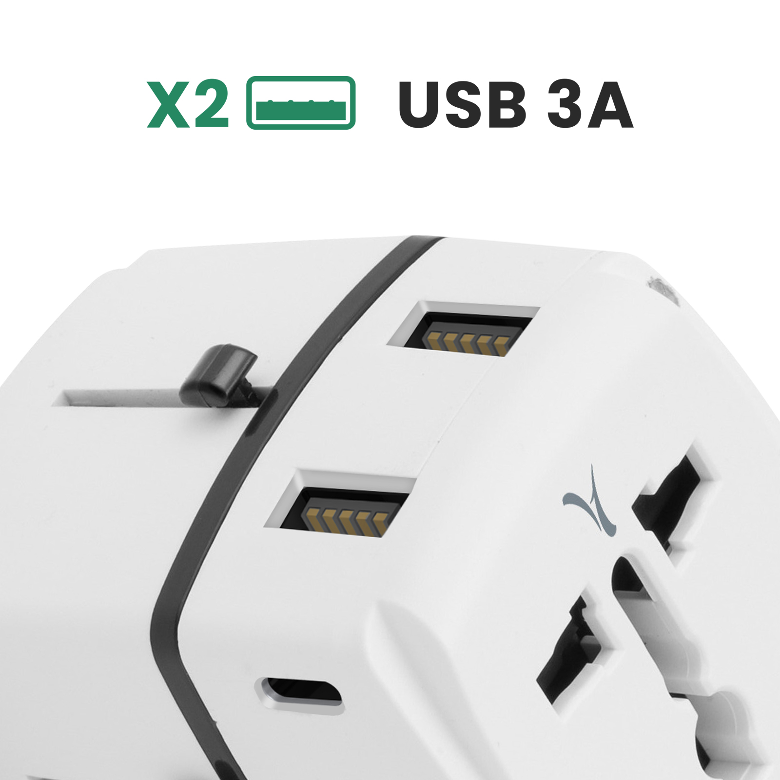 Adaptador de viaje blanco con dos puertos USB y texto "USB 3A".