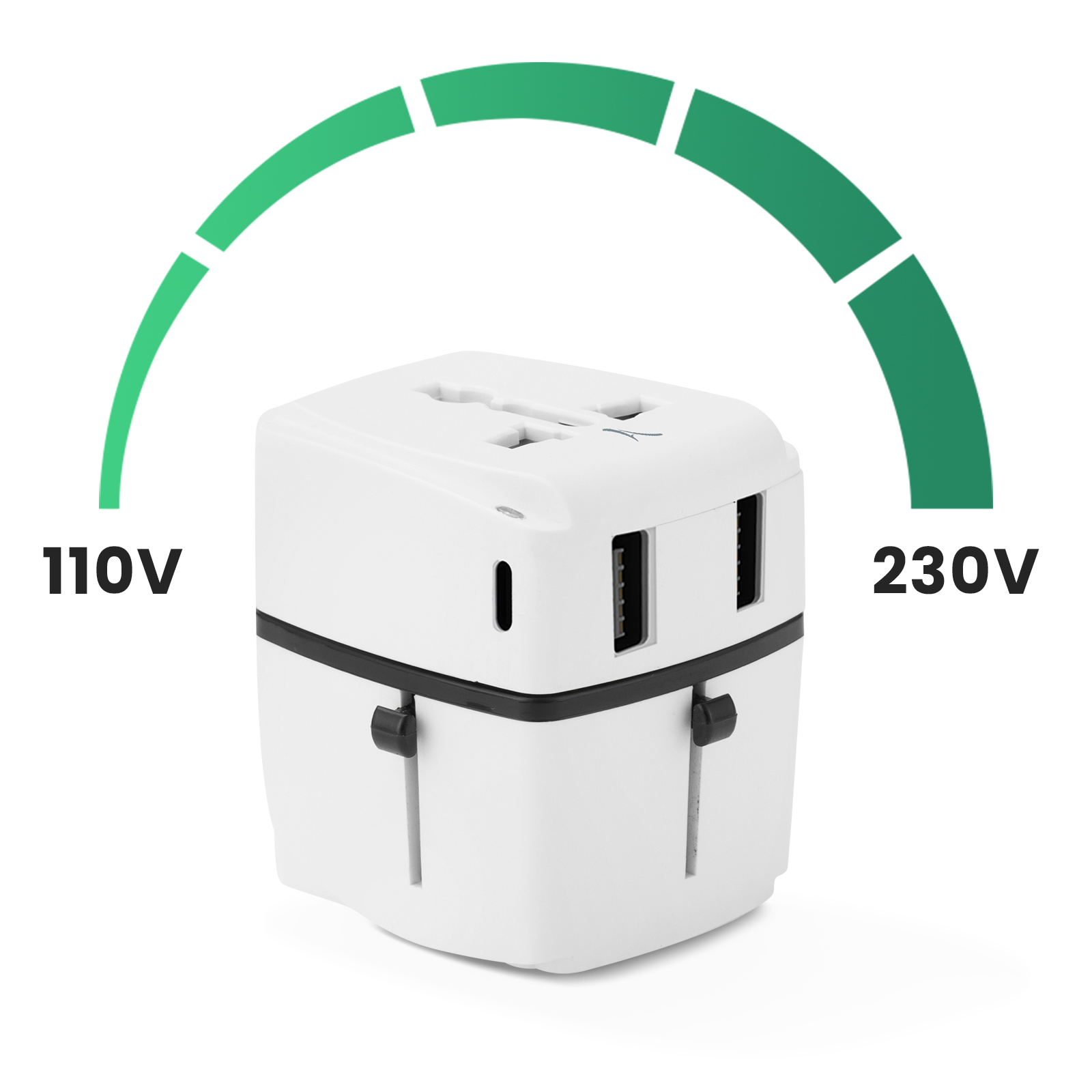Un adaptador de viaje blanco con puertos USB, mostrando voltaje de 110V a 230V.
