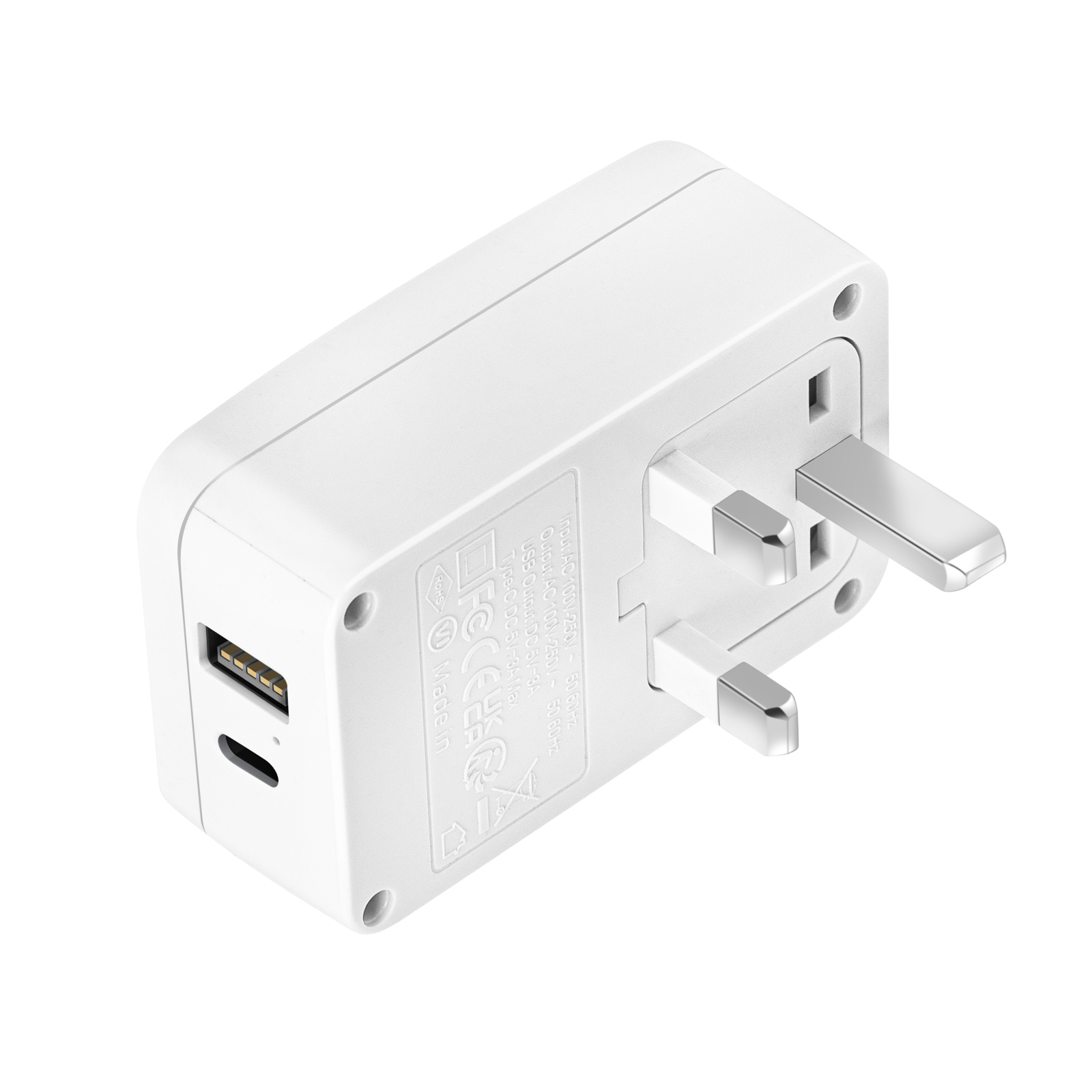 Adaptador de viaje blanco con puertos USB-A, USB-C y enchufe británico.