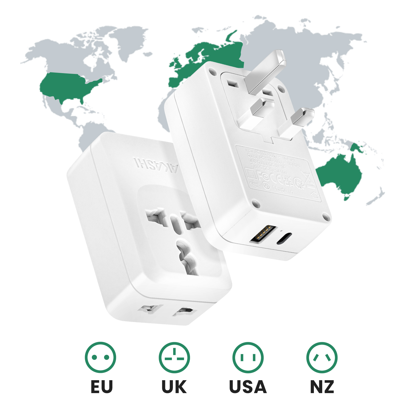 Un adaptador de viaje universal blanco con varios tipos de enchufe sobre un mapa mundial.