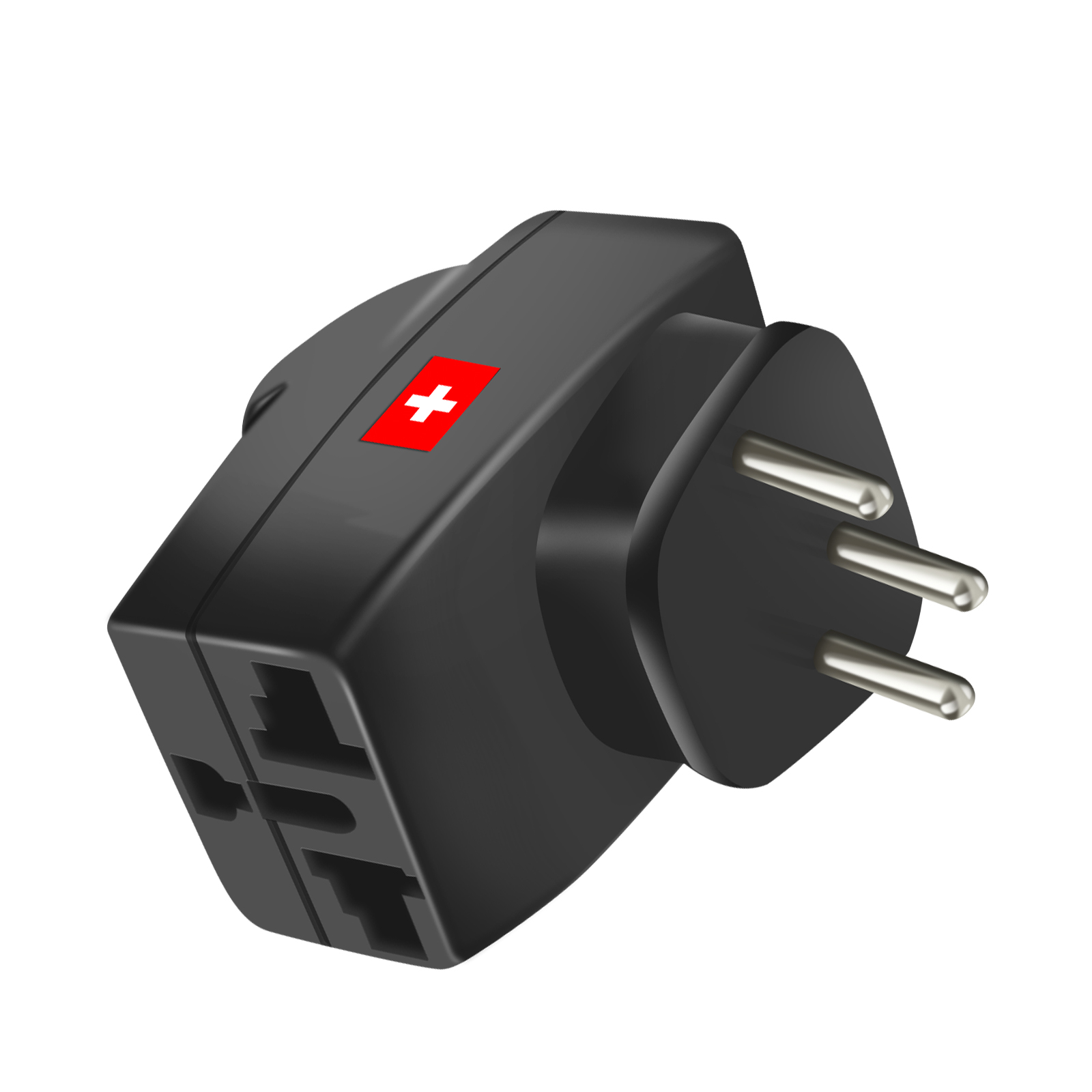 Adaptador de viaje negro con bandera suiza y tres clavijas.