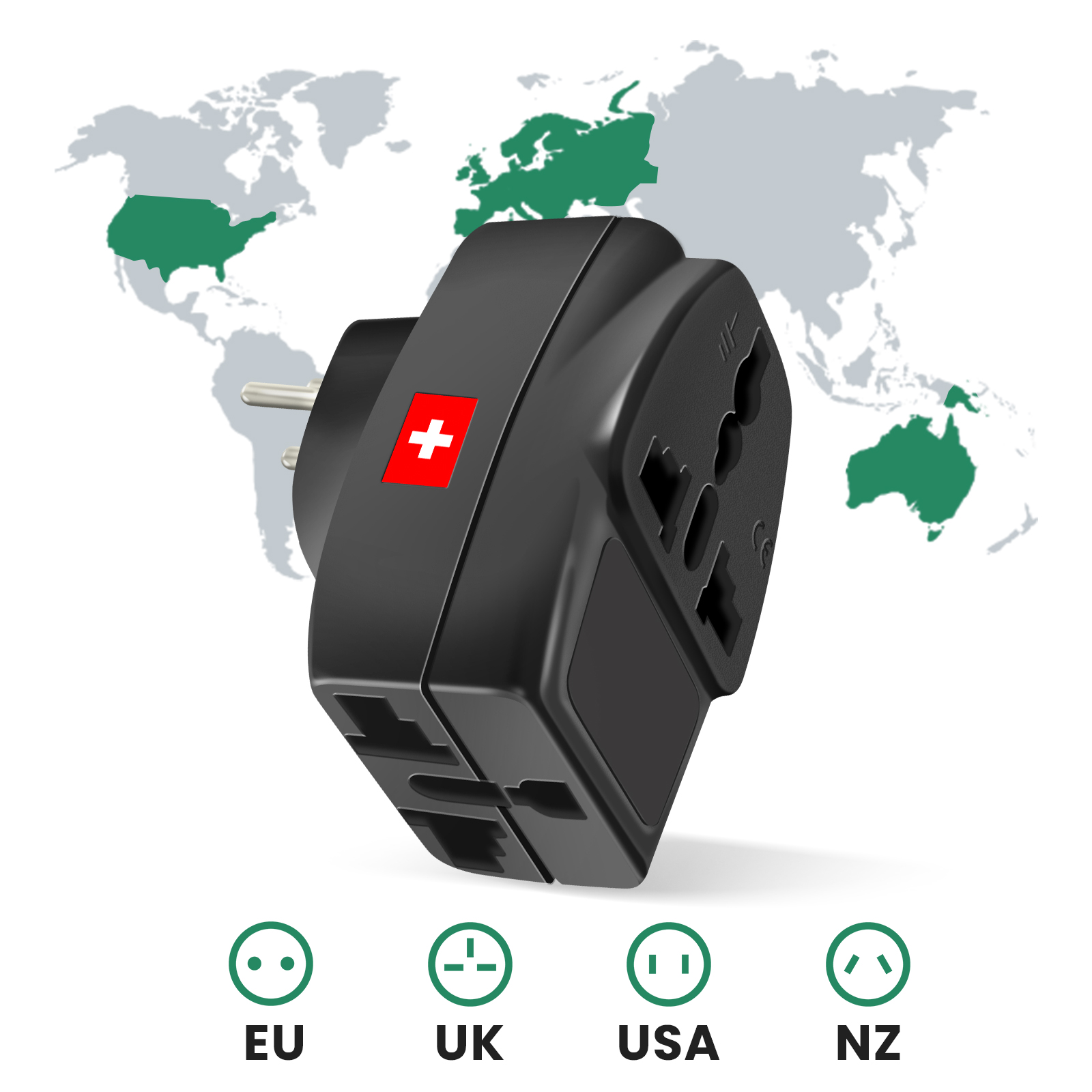 Un adaptador de viaje negro con bandera suiza sobre mapa mundial.