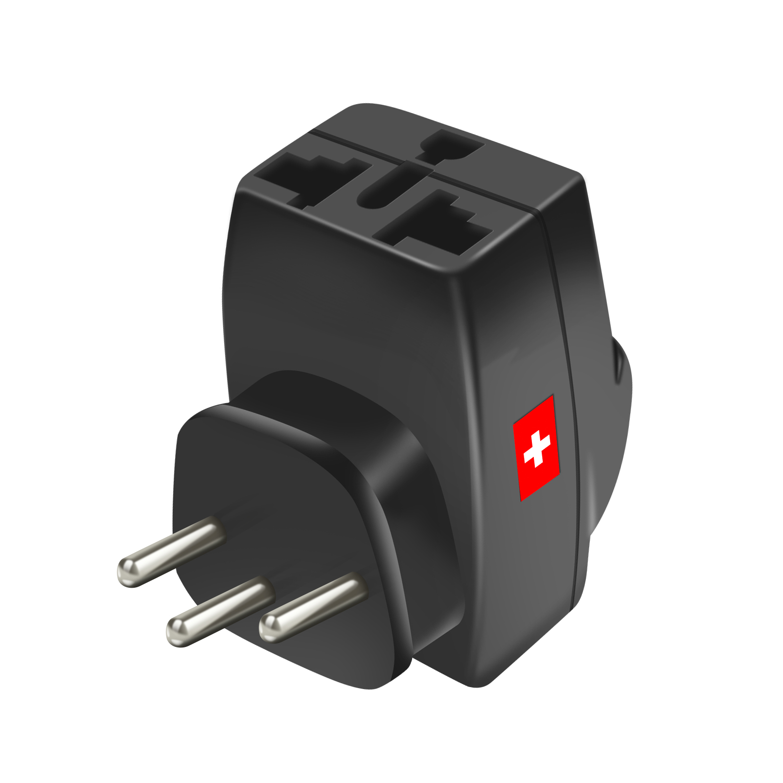 Un adaptador de viaje negro con cruz suiza y tres pines metálicos.