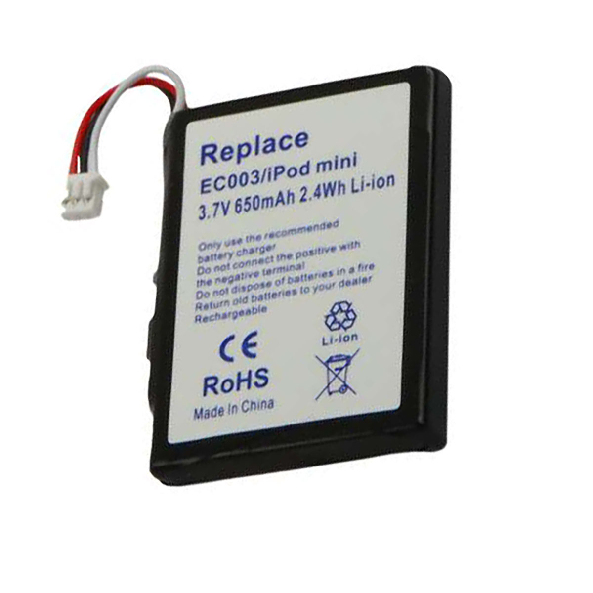 Una batteria per iPod mini con cavo. Etichettata 'Replace EC003/iPod mini'.