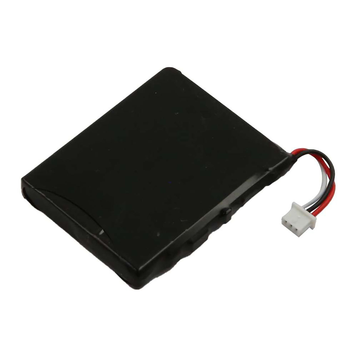 Batteria nera con connettore bianco e tre fili: rosso, bianco, nero.