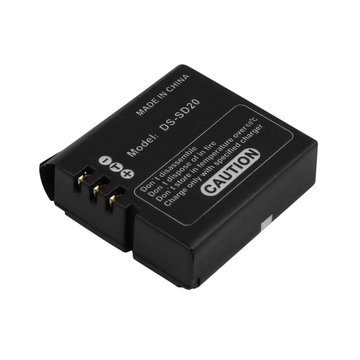 Pacco batteria nero, modello DS-SD20, con contatti di ricarica ed etichetta di avviso.
